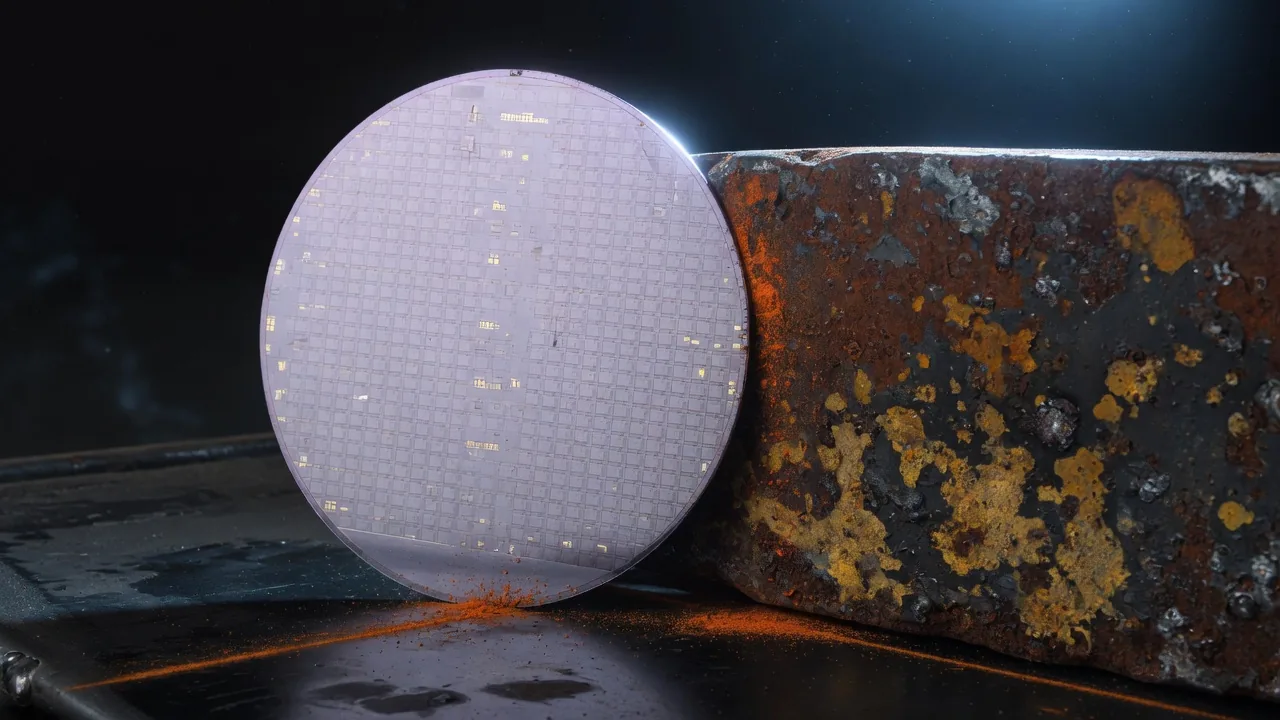 A polished silicon wafer leaning against a block of rusted iron.