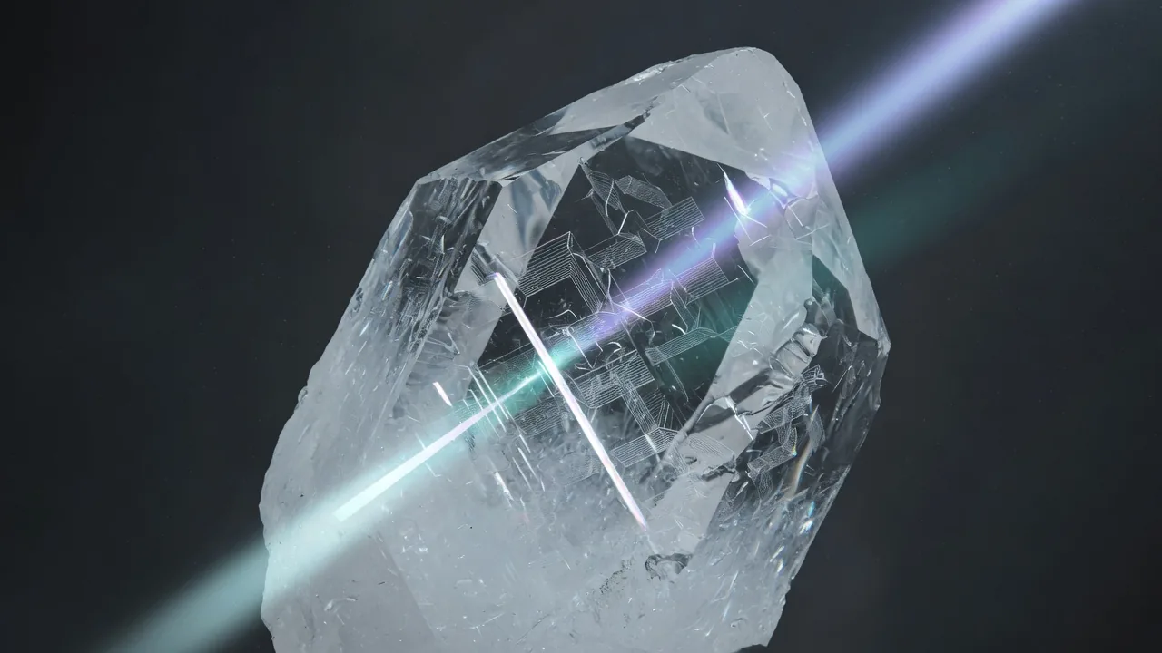 A cleaved quartz crystal with the lattice inside it visible.