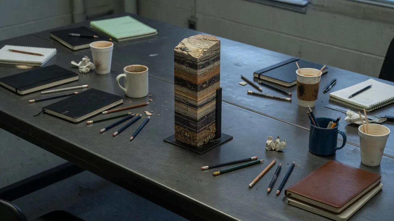 A long table of notebooks and cups around one core sample, nobody in the frame.