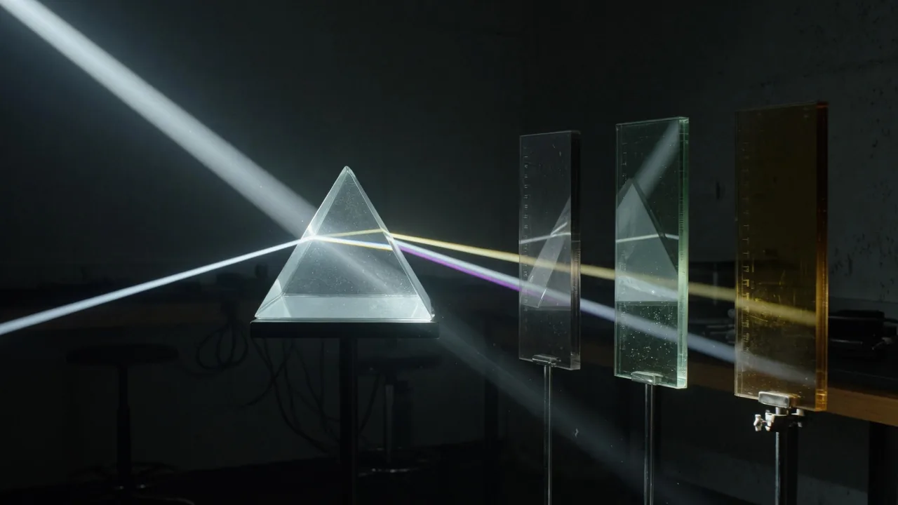 A single beam split by a prism, each path continuing through its own filter.
