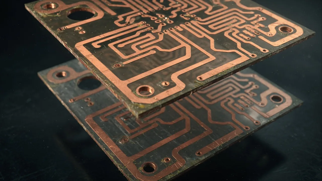 Two copper circuit planes held apart with air between them.